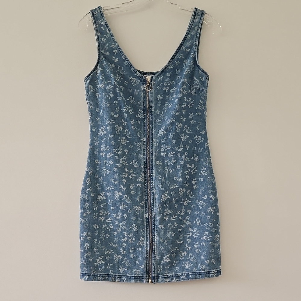 Denim Mini Dress Full Zip Front Floral‎ Print Size Extra Small-Small